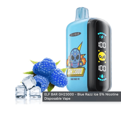 Elf Bar GH23000 Blue Razz Ice vape in blue with LED screen, displayed with blue raspberries and ice cubes. High-capacity disposable vape device.