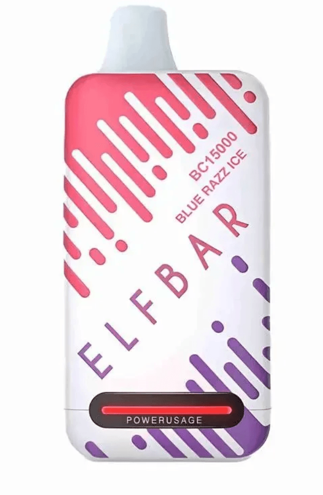 Elfbar BC 15000 Puffs Blue Razz Ice vape with 23ml e-liquid, 5% nicotine, and Type-C charging for extended vaping sessions.