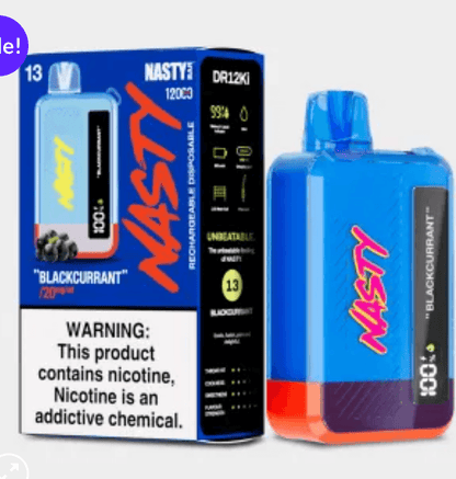 Nasty 12000 Puffs Vape in Blackcurrant flavor featuring 650mAh battery, USB-C port, and airflow control for a premium vaping experience.