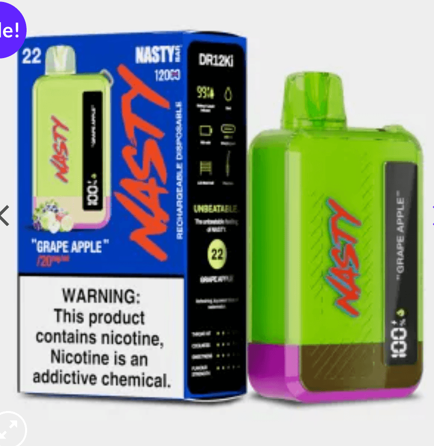 Nasty 12000 Puffs Vape in Grape Apple flavor with 650mAh battery, USB-C charging, and adjustable airflow for long-lasting vaping convenience.