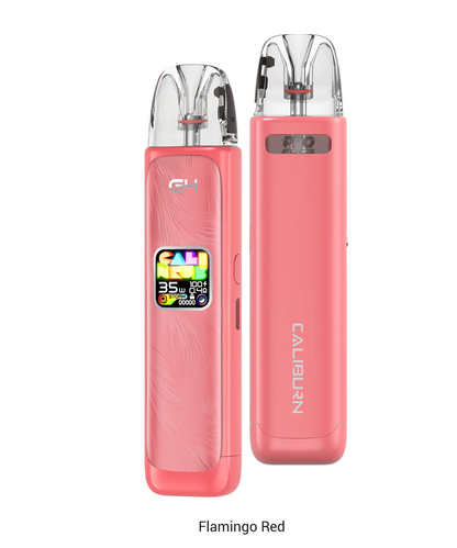 Caliburn G4 vape kit in Flamingo Red featuring vibrant screen and ergonomic build, compatible with G3 pods for smooth vaping.