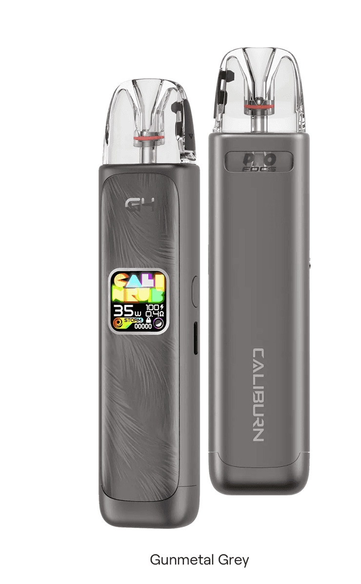 Caliburn G4 vape kit in Gunmetal Grey with color display and sleek design, available online for advanced vaping experience in India.