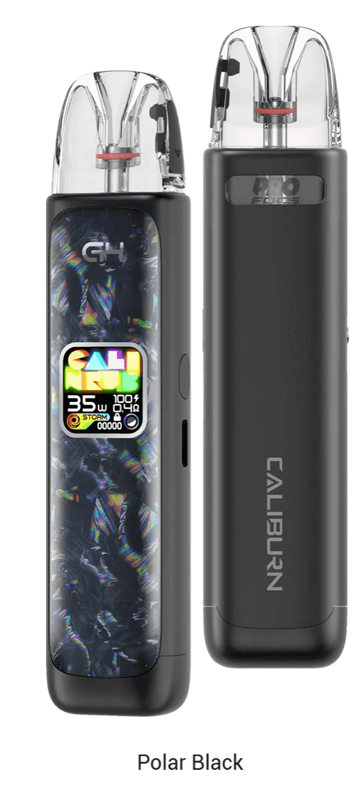 Polar Black Caliburn G4 vape kit with glossy panel and digital display, designed for high-performance vaping with G3 pod compatibility.