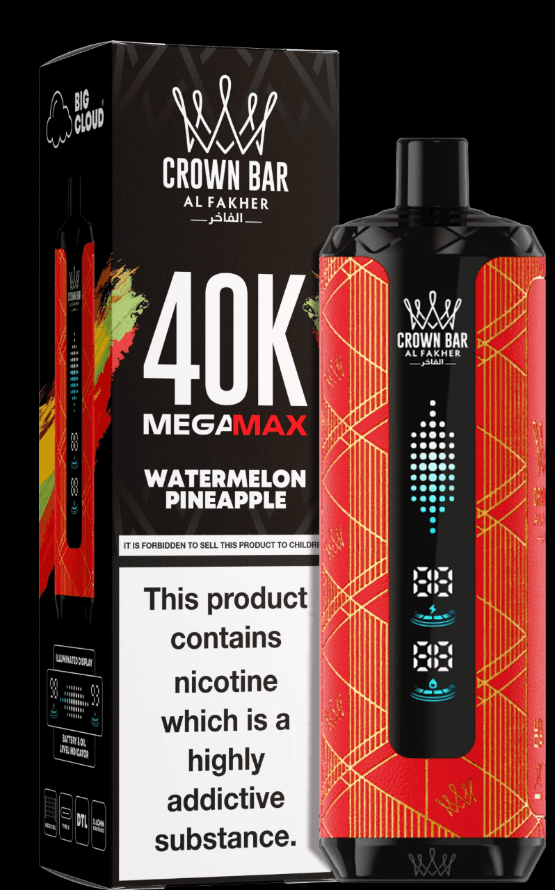 Al Fakher Crown Bar Mega Max 40K Puffs vape in Watermelon Pineapple flavor with bold red design and digital puff display, ideal for long-lasting use.