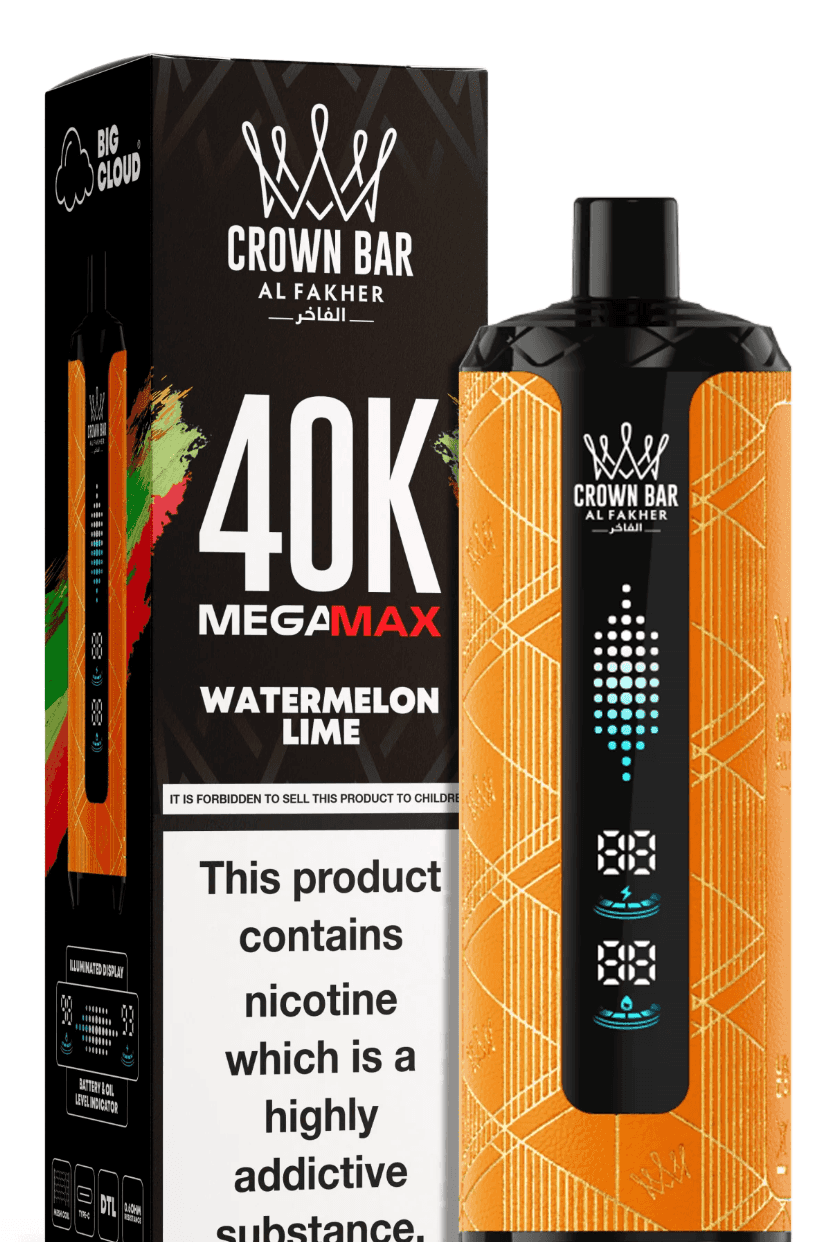 Crown Bar Vape by Al Fakher in Watermelon Lime flavor, featuring 40K puffs and vibrant orange design, perfect for extended vaping sessions.