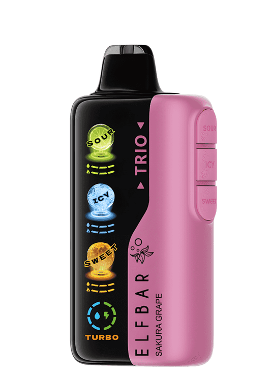 ELF BAR TRIO 40000 Sakura Grape vape with triple flavor modes—Sour, Icy, Sweet—and Turbo boost, in a sleek pink and black design.