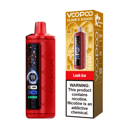 Voopoo Cloud X 30000 vape in Lush Ice flavor with high-capacity design and digital display, shown with branded packaging box.