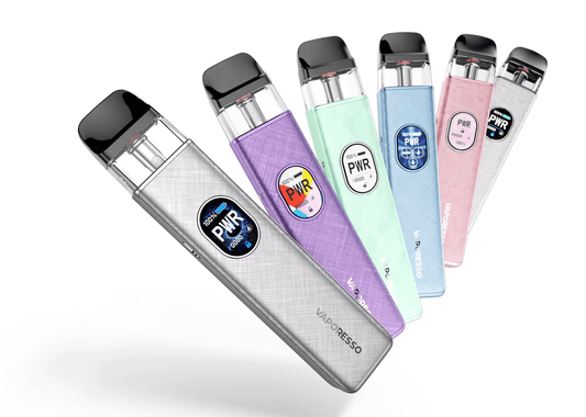 Vaporesso XROS 5 pod system in six pastel colors with sleek design and digital display, ideal for compact and efficient vaping.