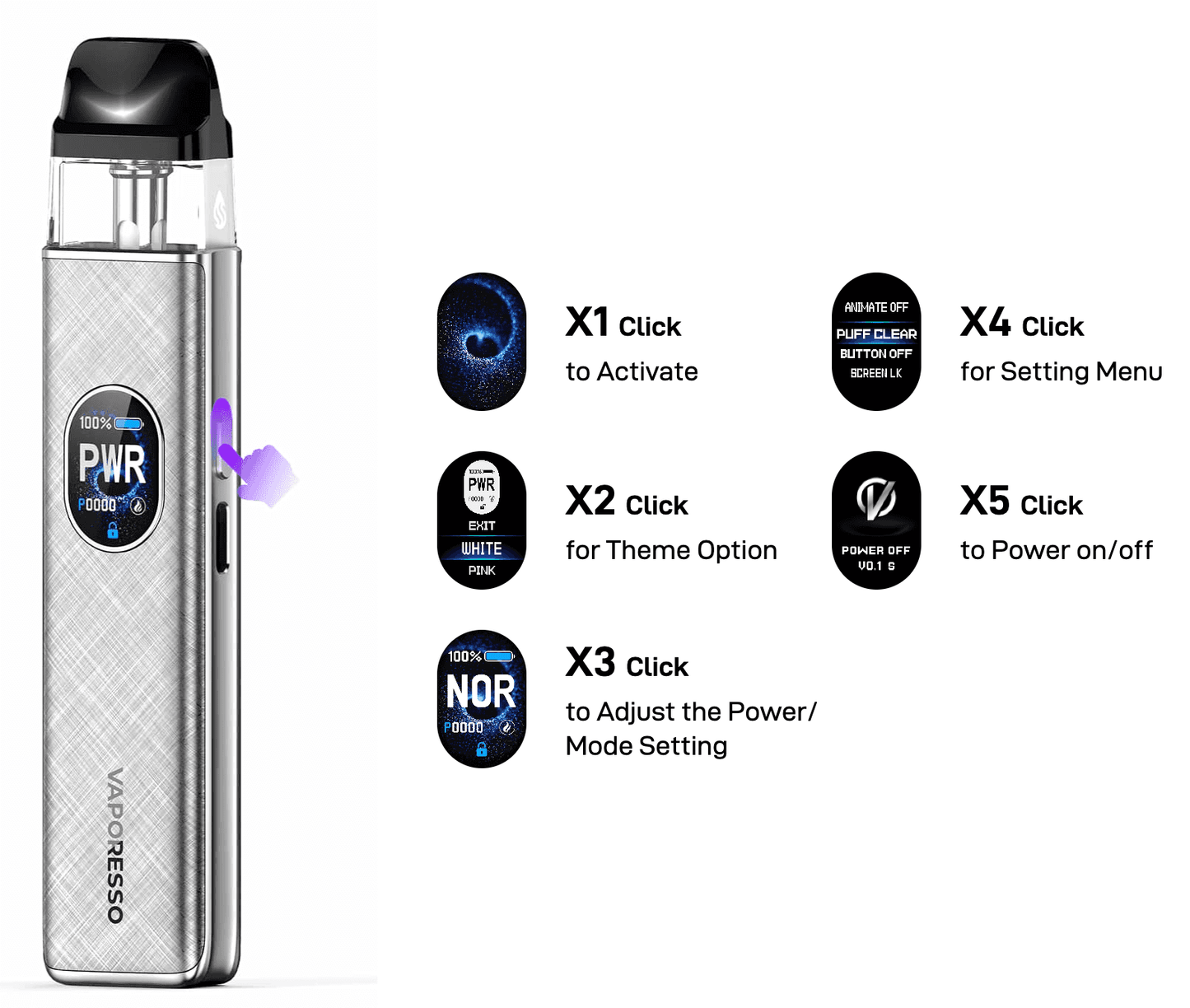 Vaporesso XROS 5 vape device with button functions including power, theme, and mode settings for customizable vaping experience.