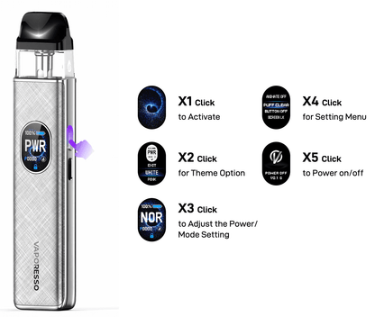 Vaporesso XROS 5 vape device with button functions including power, theme, and mode settings for customizable vaping experience.