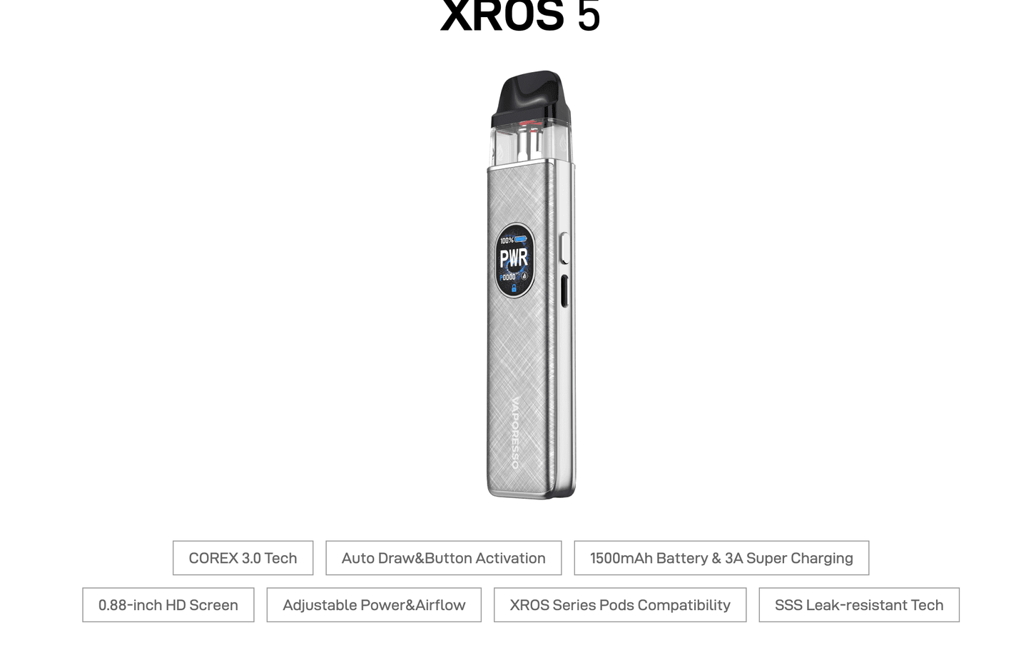Vaporesso XROS 5 features including COREX 3.0 tech, 1500mAh battery, adjustable airflow, and 0.88-inch HD screen for advanced vaping.