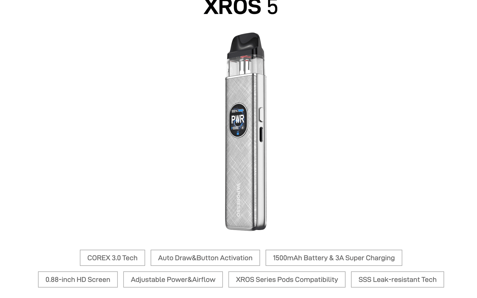 Vaporesso XROS 5 features including COREX 3.0 tech, 1500mAh battery, adjustable airflow, and 0.88-inch HD screen for advanced vaping.