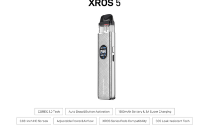 Vaporesso XROS 5 features including COREX 3.0 tech, 1500mAh battery, adjustable airflow, and 0.88-inch HD screen for advanced vaping.