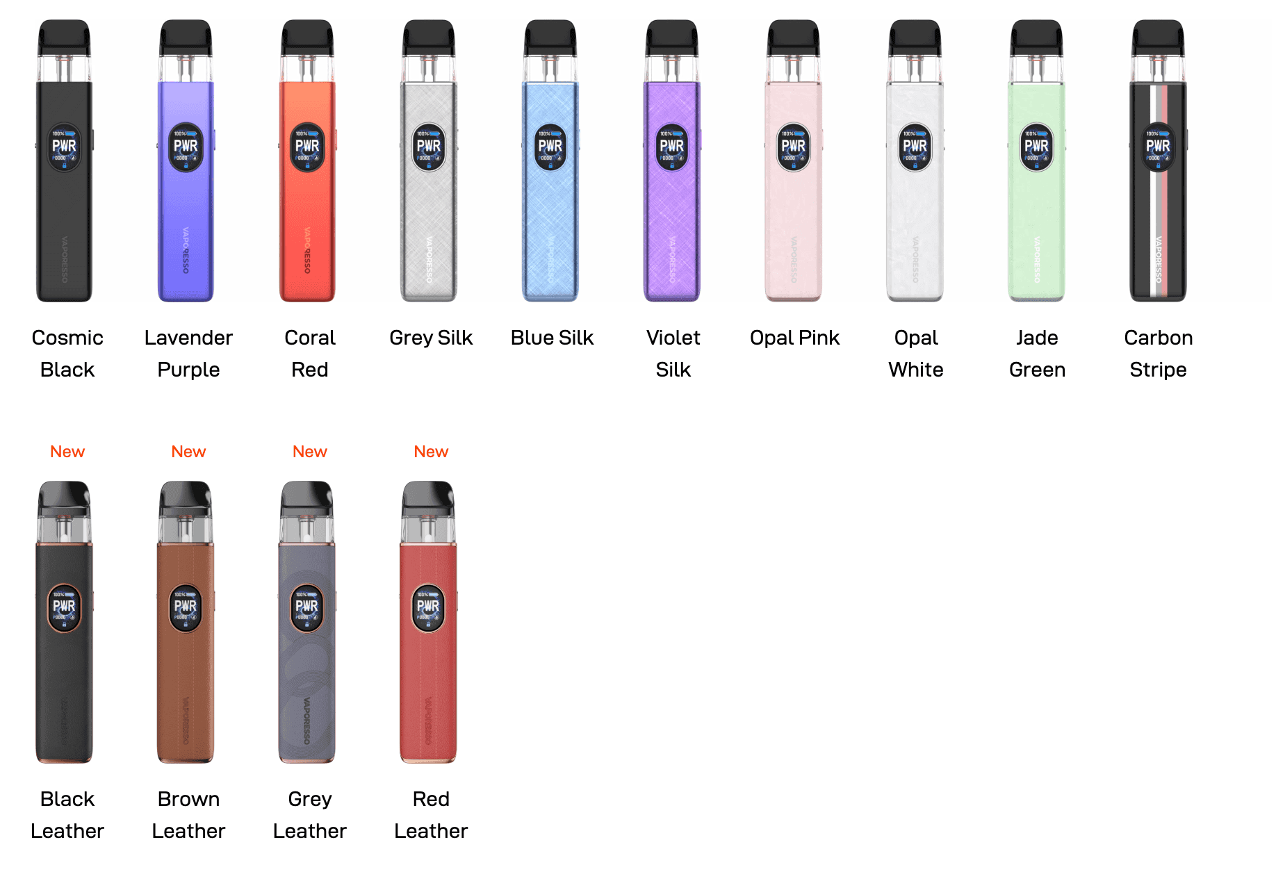 Vaporesso XROS 5 color options including leather and silk finishes in various shades like Cosmic Black, Coral Red, and Jade Green.