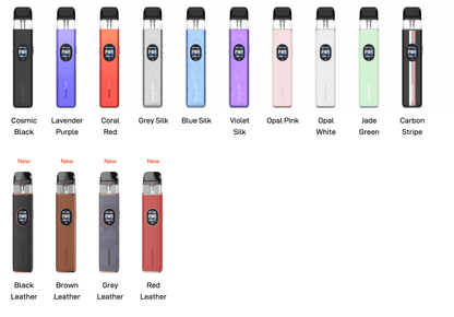 Vaporesso XROS 5 color options including leather and silk finishes in various shades like Cosmic Black, Coral Red, and Jade Green.