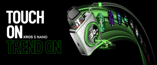 Vaporesso XROS 5 Nano pod system with green-themed UI and lanyard, showcasing compact design and advanced vaping features.