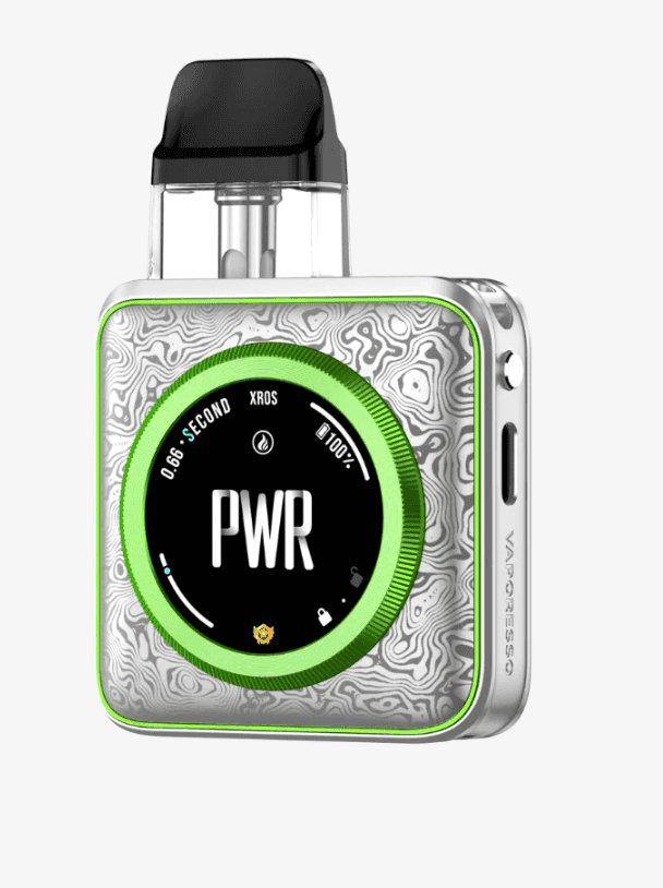 Vaporesso XROS 5 Nano pod system in silver with green LED ring and digital display, offering a sleek and durable vaping solution.