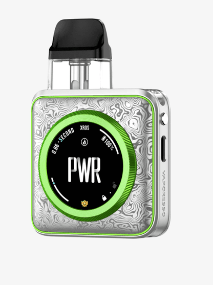 Vaporesso XROS 5 Nano pod system in silver with green LED ring and digital display, offering a sleek and durable vaping solution.