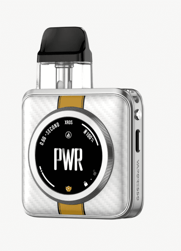 Vaporesso XROS 5 Nano pod system in white and gold with digital screen, highlighting its stylish and efficient design.