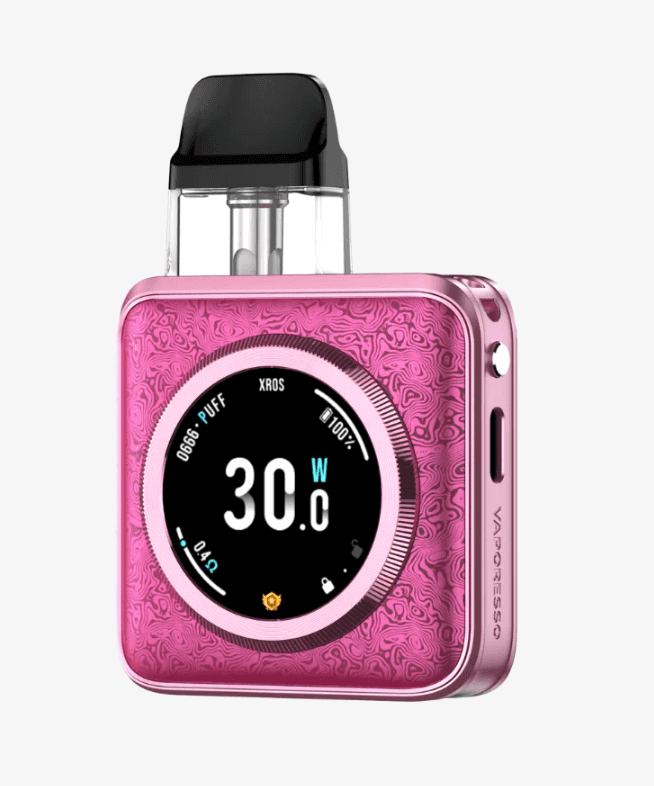 Vaporesso XROS 5 Nano pod system in pink with embossed design and digital wattage display, combining fashion and performance.