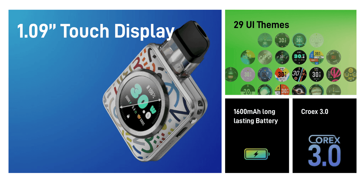 Vaporesso XROS 5 Nano pod system with 1.09-inch touch display, 29 UI themes, 1600mAh battery, and Corex 3.0 technology for enhanced vaping.
