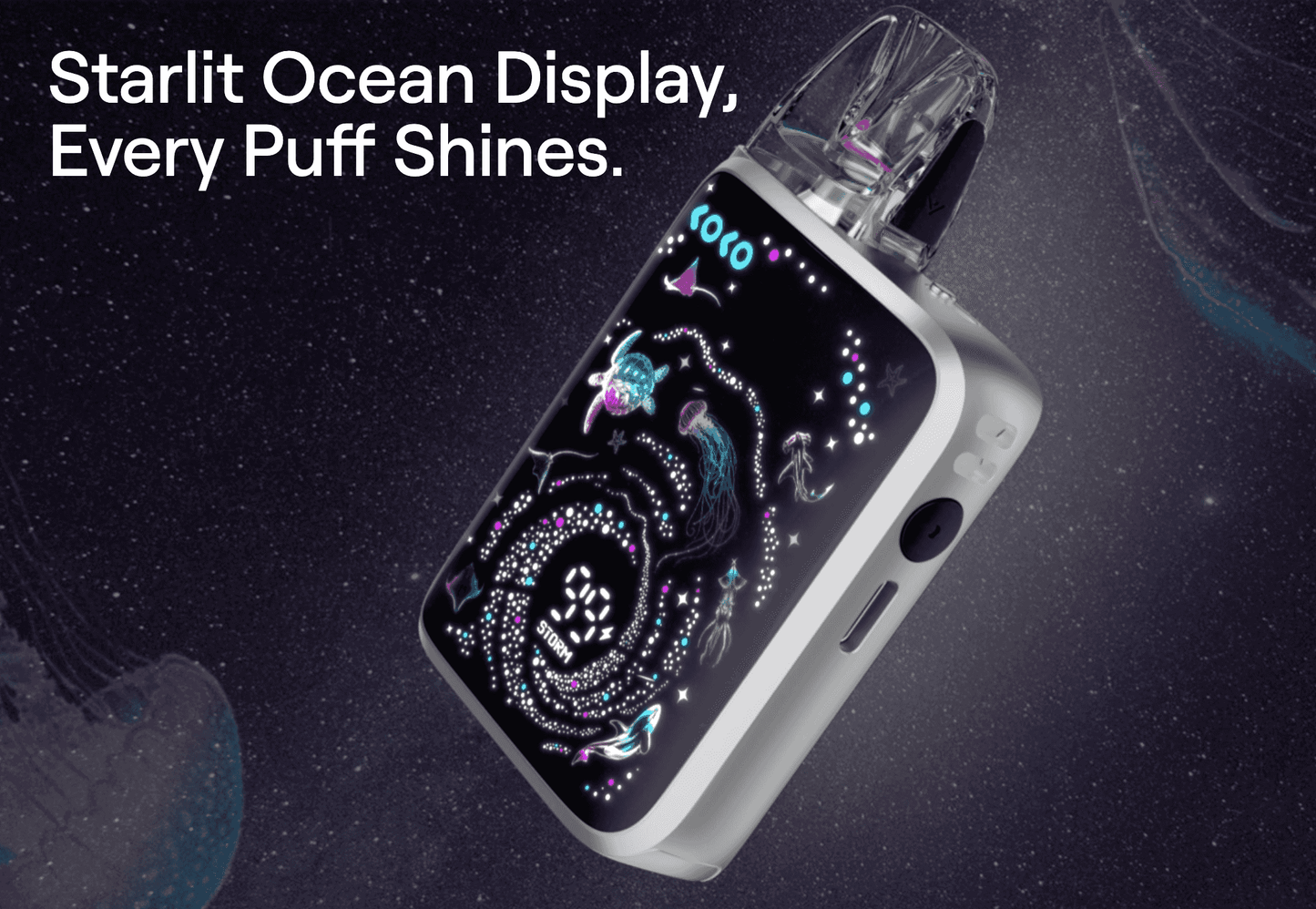 Caliburn G5 KOKO vape with ocean-themed display