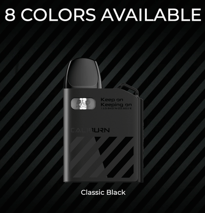 Classic Black Uwell Caliburn GK3 25W Pod Kit System with sleek matte finish, compact body, and side airflow control for customizable vaping.
