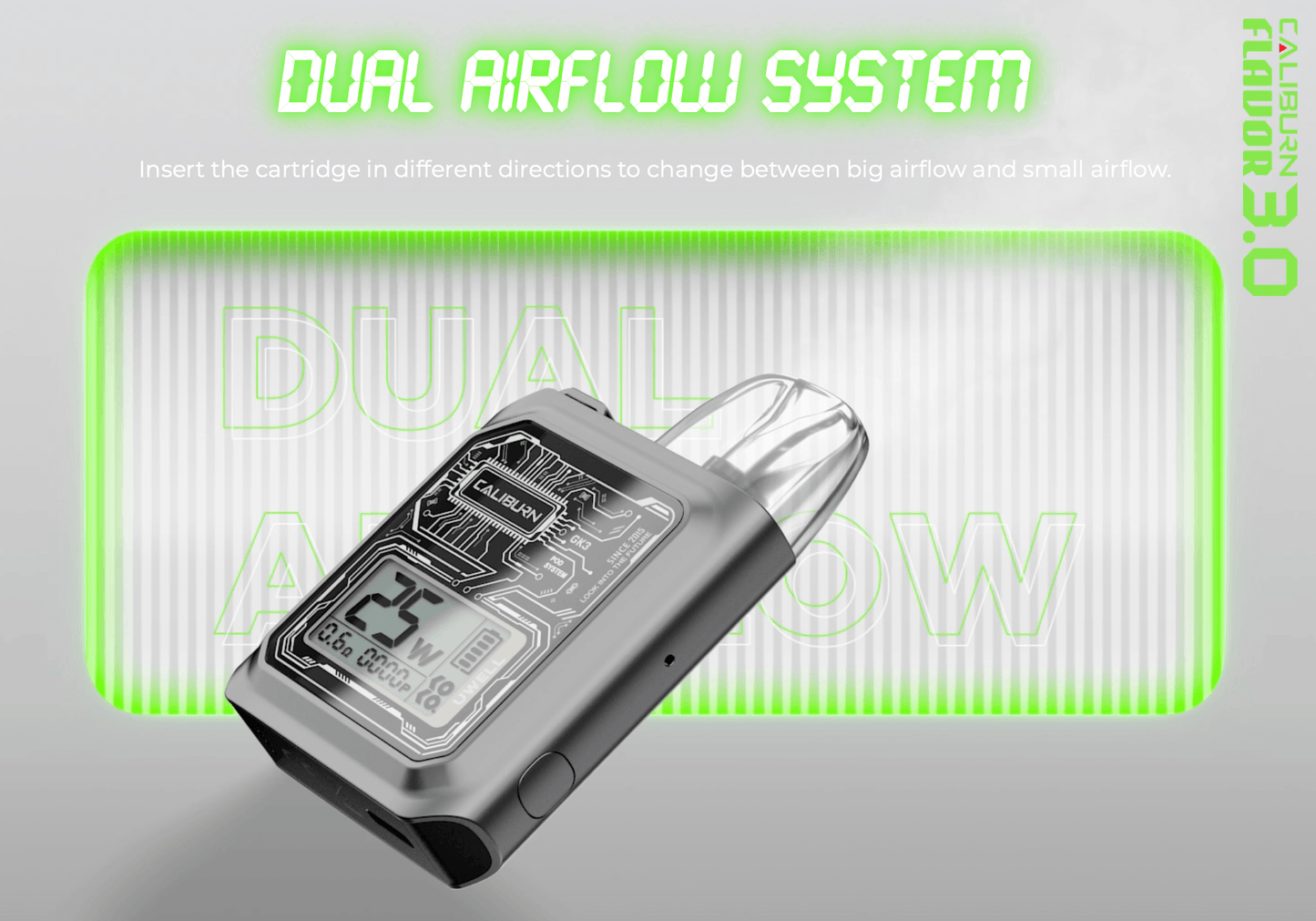 Uwell Caliburn GK3 25W Pod Kit System with dual airflow system, allowing directional cartridge insertion for adjustable airflow experience.