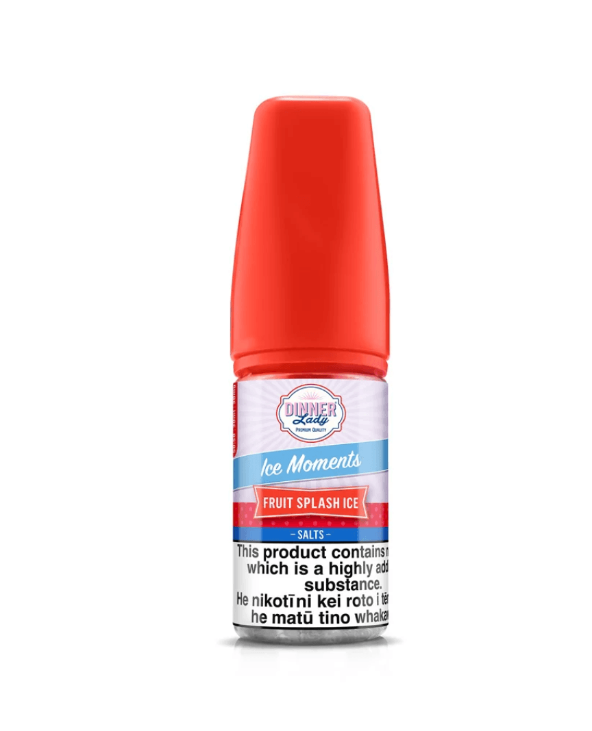 Dinner Lady Salts 50 MG Fruit Splash Ice nic salt e-liquid with red cap, premium UK-made vape juice for a smooth and icy vaping experience.