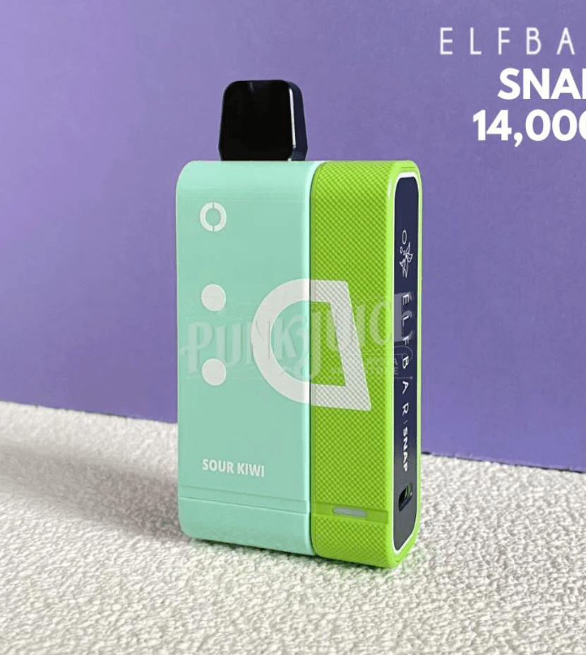 Close-up of Elfbar Snap EW14000 Sour Kiwi vape with 14000 puffs and magnetic charging, emphasizing sleek design and vibrant color scheme.