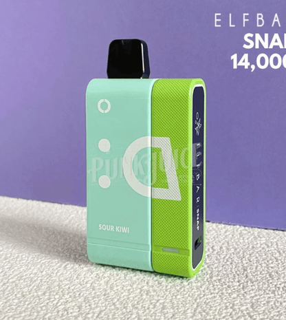 Close-up of Elfbar Snap EW14000 Sour Kiwi vape with 14000 puffs and magnetic charging, emphasizing sleek design and vibrant color scheme.