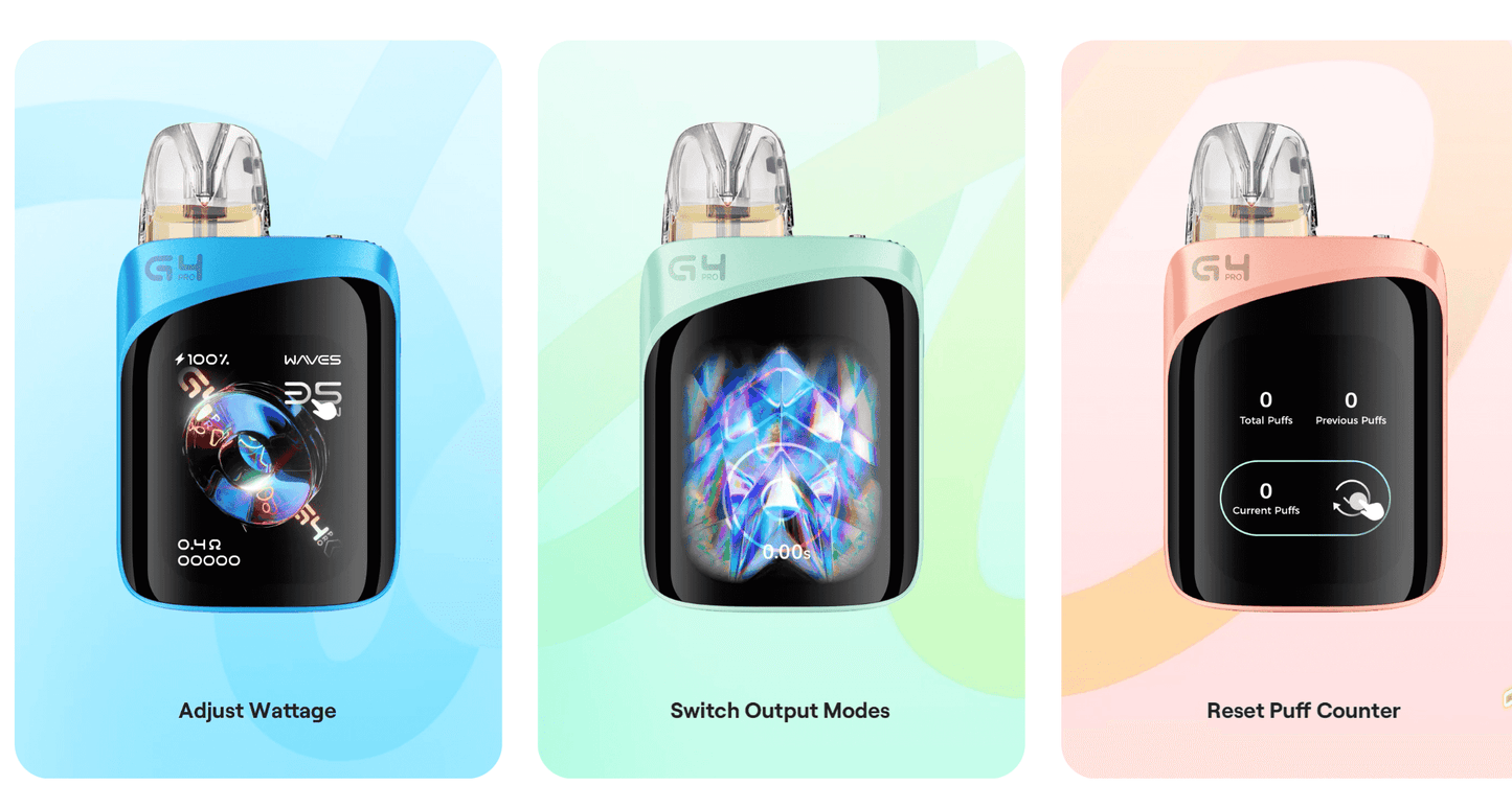 Caliburn G4 Pro KOKO Pod System Kit in blue, green, and pink showing wattage adjustment, mode switching, and puff counter reset features.