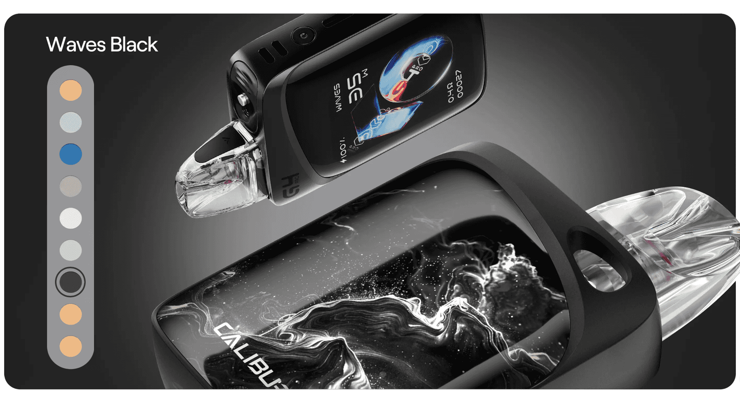 Waves Black Caliburn G4 Pro KOKO Pod System Kit with elegant black swirl design and color options, combining aesthetics with performance.