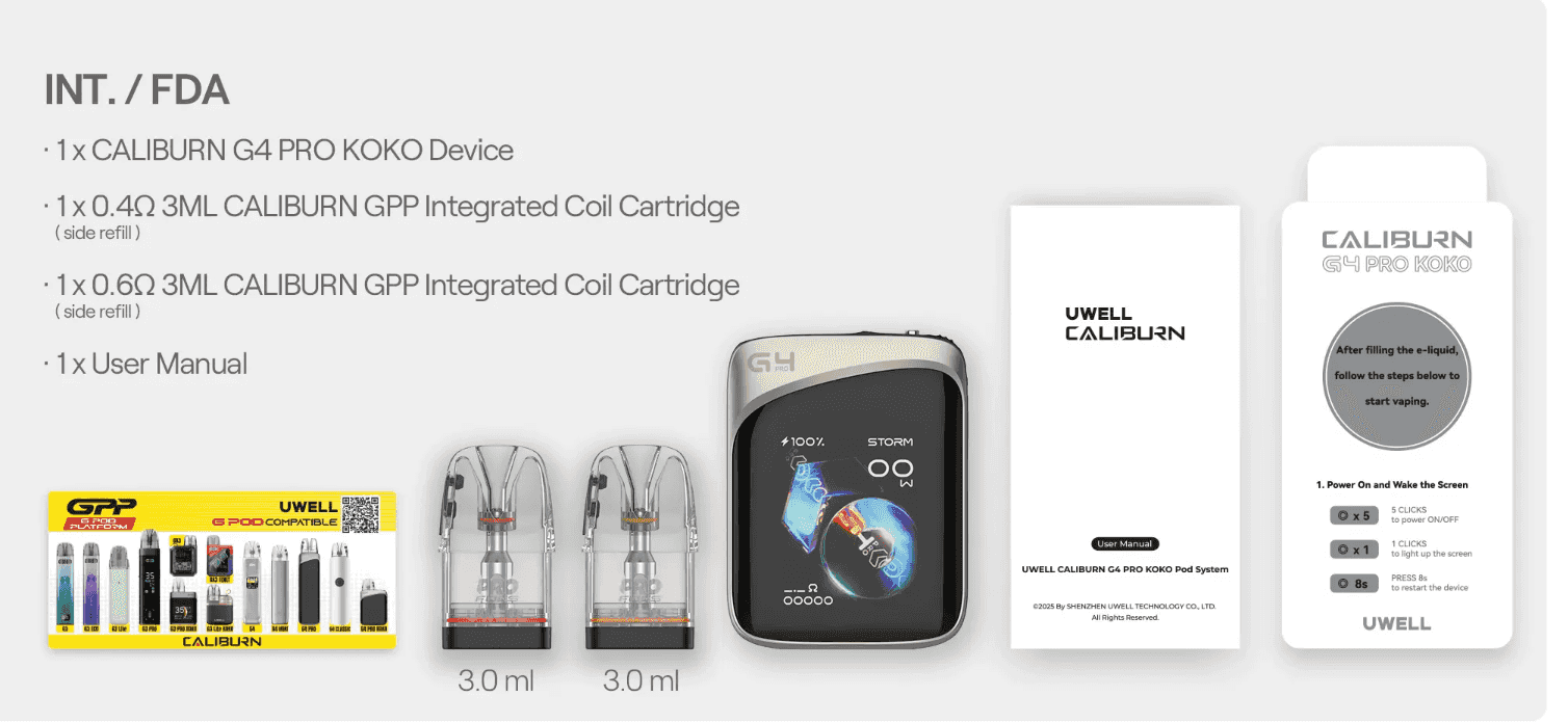 Caliburn G4 Pro KOKO Pod System Kit full package contents including device, cartridges, and user manual, ideal for new and experienced vapers.