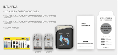 Caliburn G4 Pro KOKO Pod System Kit full package contents including device, cartridges, and user manual, ideal for new and experienced vapers.
