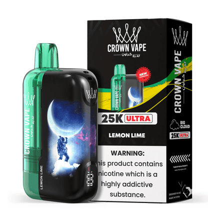 AL Fakher Crown 25k Max - FreeBase 5mg Lemon Lime vape with moon-themed astronaut design. Premium electronic cigarette for citrus shisha fans.