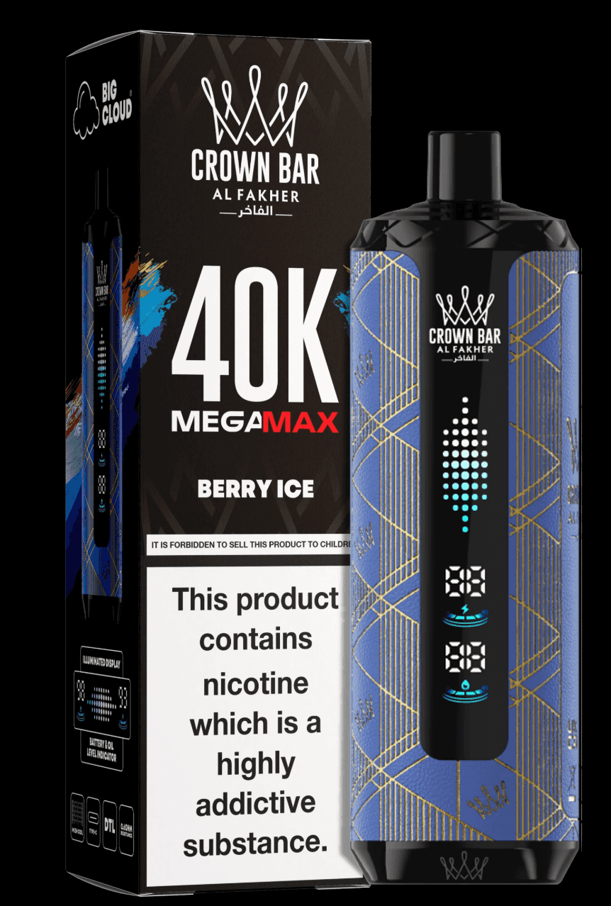 Al Fakher Crown Bar Mega Max 40K Puffs vape in Berry Ice flavor, sleek blue design with digital display for premium vaping performance.