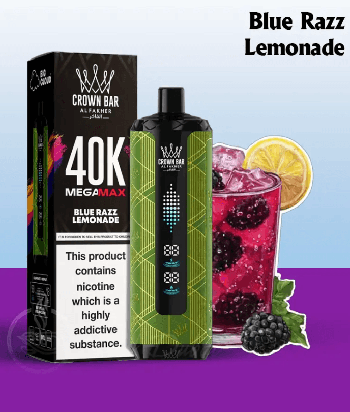 Al Fakher Crown Bar Mega Max vape in Blue Razz Lemonade flavor with 40K puffs, shown with berries and lemonade for a fruity vaping experience.
