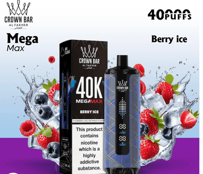 Crown Bar Vape by Al Fakher Berry Ice flavor with 40K puffs, displayed with icy berries for a cool and refreshing vape sensation.