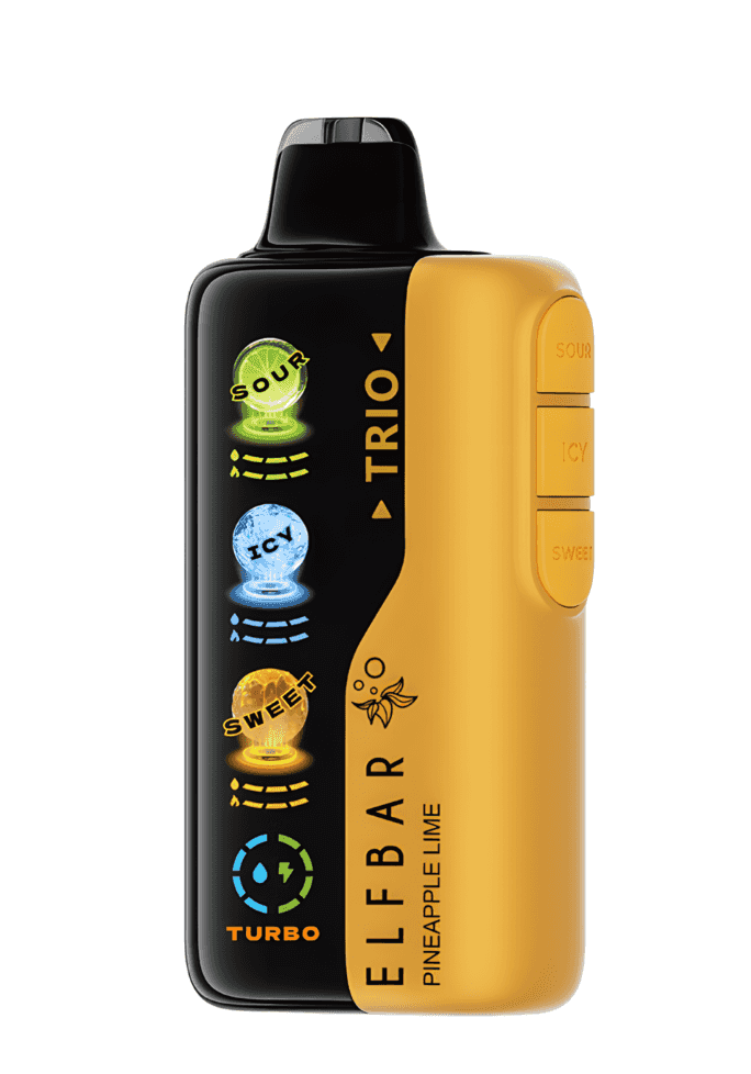 ELF BAR TRIO 40000 Pineapple Lime vape featuring Sour, Icy, Sweet flavor modes and Turbo function, in a stylish yellow and black body.