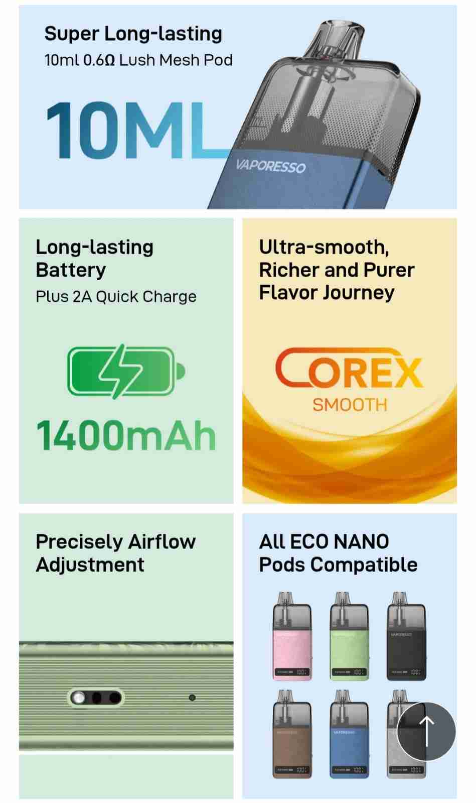 Vaporesso Eco Nano Plus features including 10ml pod, 1400mAh battery, COREX smooth tech, and airflow control in multiple colors.