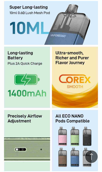 Vaporesso Eco Nano Plus features including 10ml pod, 1400mAh battery, COREX smooth tech, and airflow control in multiple colors.