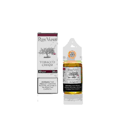 Ripe Vapes Tobacco Cream Nic Salt 30ml bottle with packaging, delivering a creamy tobacco flavor for premium vaping in the e-liquid market.