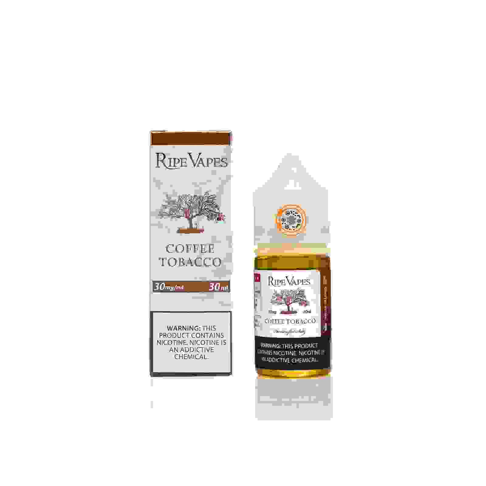 Ripe Vapes Coffee Tobacco Nic Salt 30ml bottle with box, combining bold coffee and tobacco notes for a robust e-liquid vaping experience.