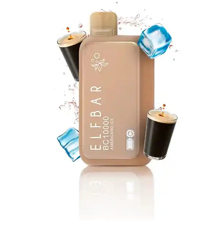 ELFBAR BC 10000 Americano Ice Vape in beige with iced coffee visuals, delivering 10000 puffs and bold coffee flavor in sleek design.