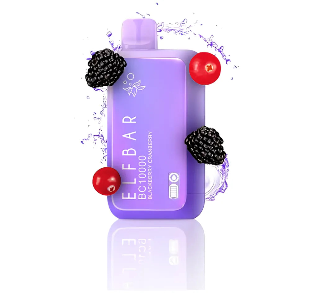 ELFBAR BC 10000 Blackberry Cranberry Vape in purple with berry visuals, delivering 10000 puffs and a rich mixed berry flavor.