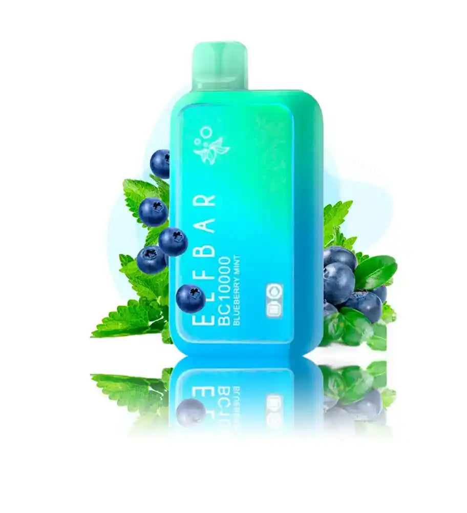 ELFBAR BC 10000 Blueberry Mint Vape in teal with blueberries and mint leaves, offering 10000 puffs and refreshing fruity-mint flavor.