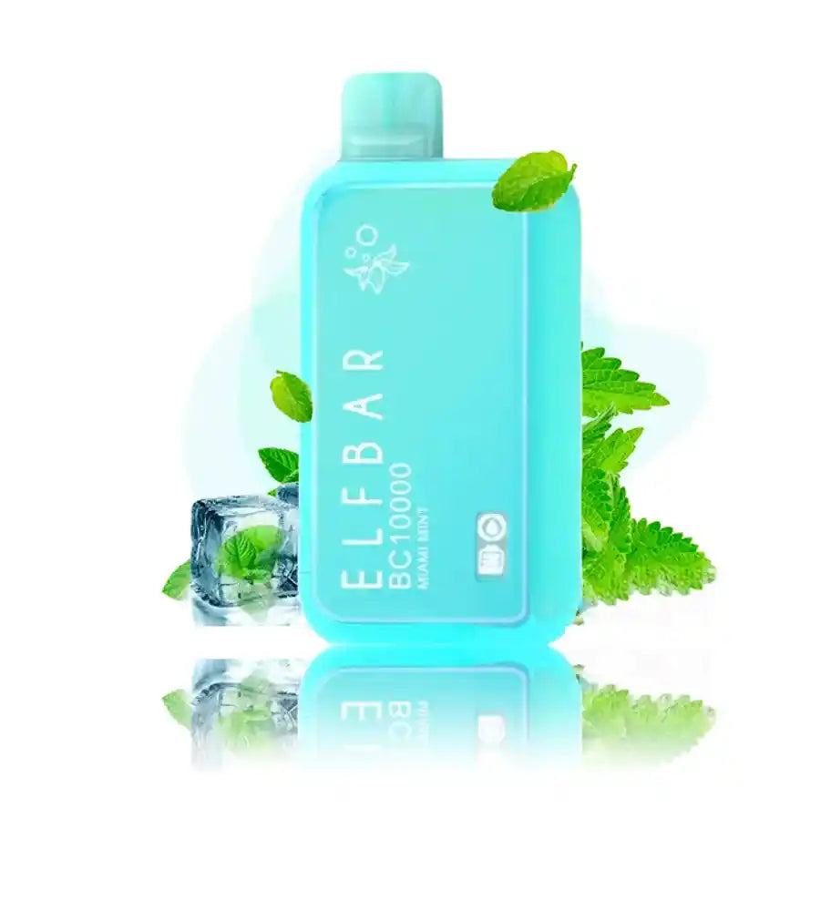 ELFBAR BC 10000 Miami Mint Vape in aqua blue with mint leaves and ice, featuring 10000 puffs and 620mAh rechargeable battery.