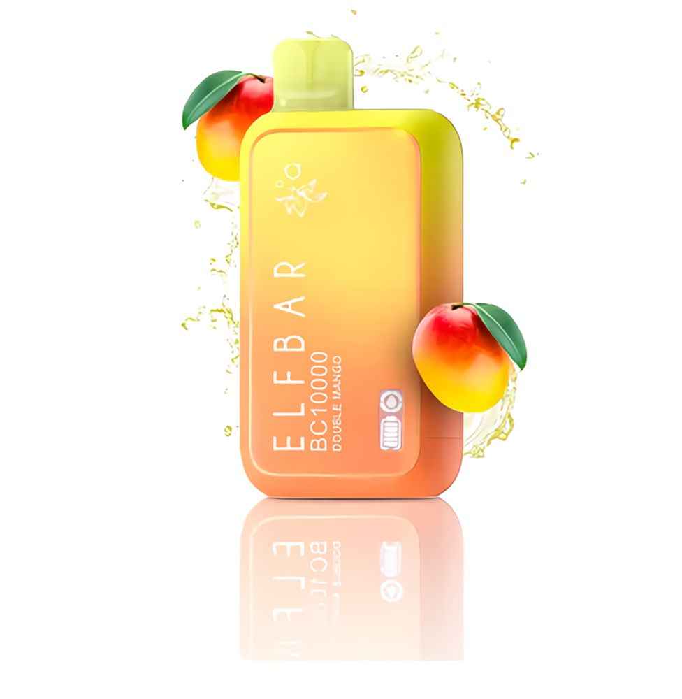 ELFBAR BC 10000 Double Mango Vape in yellow-orange with mango splash, offering 10000 puffs and tropical flavor in a stylish device.