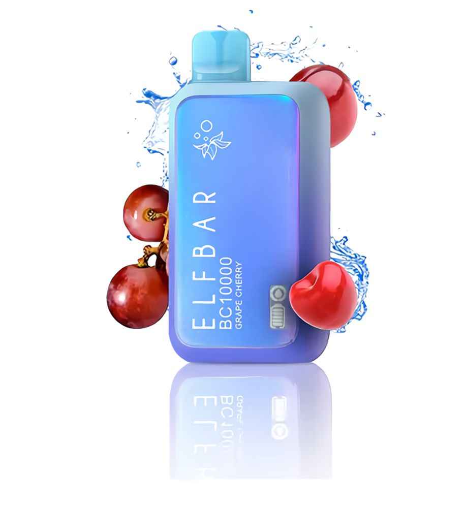 ELFBAR BC 10000 Grape Cherry Vape in blue with grape and cherry visuals, delivering 10000 puffs and bold fruity flavor mix.